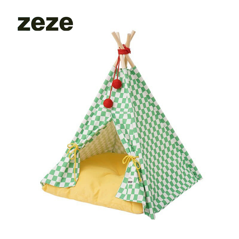 ZEZE宠物格纹休闲帐篷窝半封闭式四季通用可拆洗猫咪用品绿格格宠